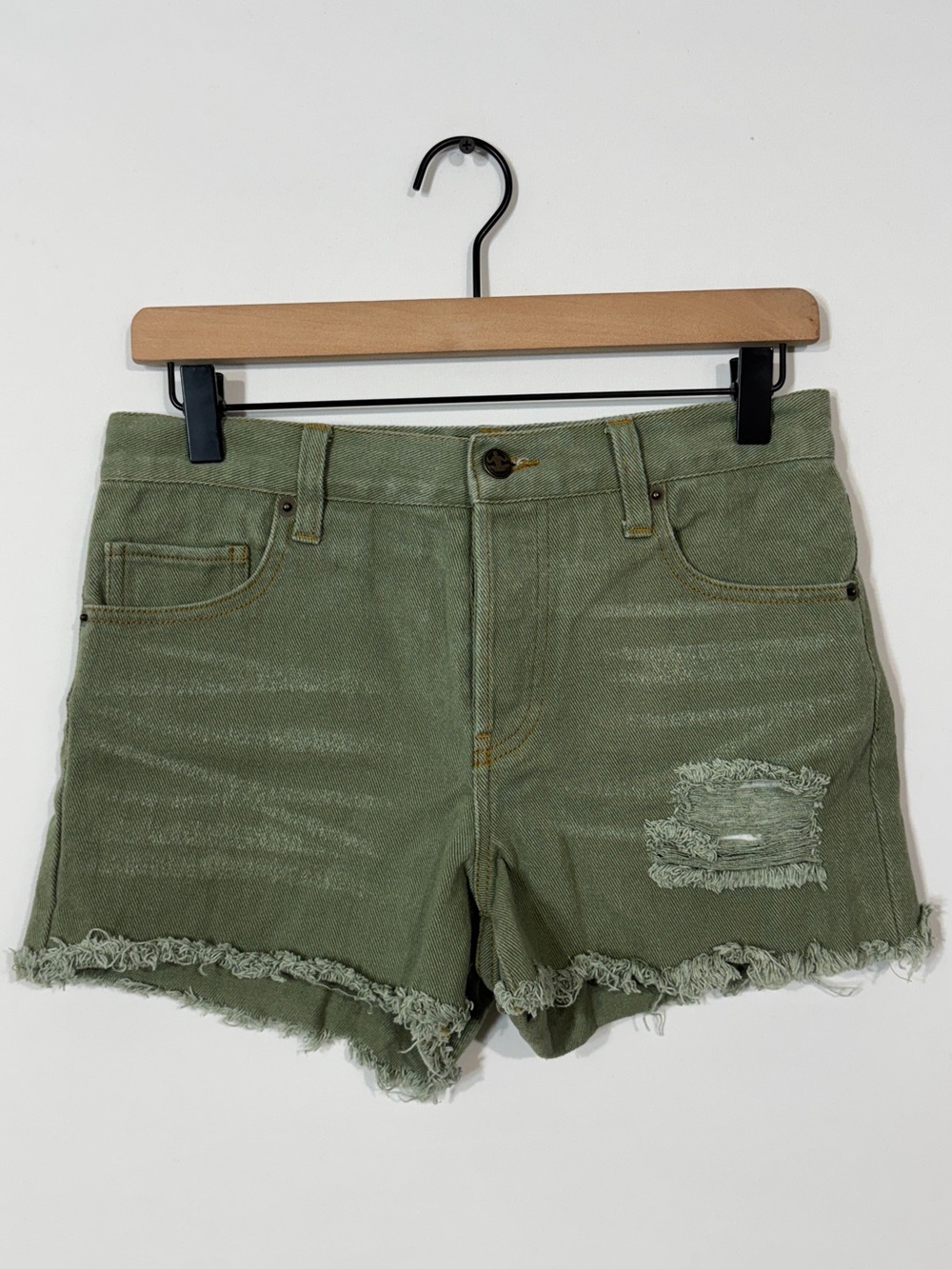 WS33 {Levitate} Light Olive Green Distressed Cutoff Denim Jean Shorts